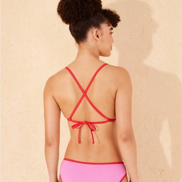 Wild Fable Pucker Textured Contrast Binding Triangle Bikini Top -Pink Women's M - Picture 3 of 6